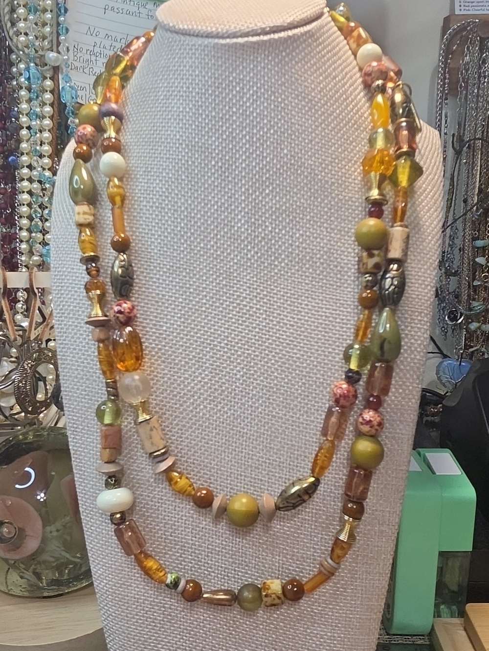 Layered Multibead Necklace in Yellow & Olive - Women's Fashion Jewelry